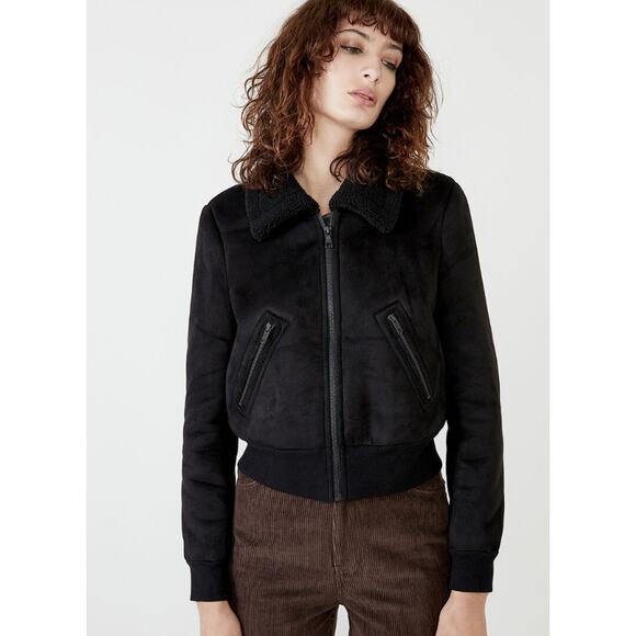 BARDOT Women's Shearling Bomber Jacket Small US 4 Black Faux Suede Cropped NWT - Picture 1 of 15
